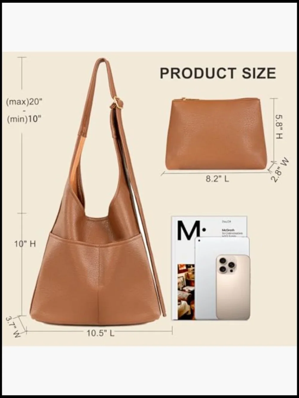 Slouchy Hobo Tote Bag Vegan Leather Zipper Closure Detachable Pouch Work Travel